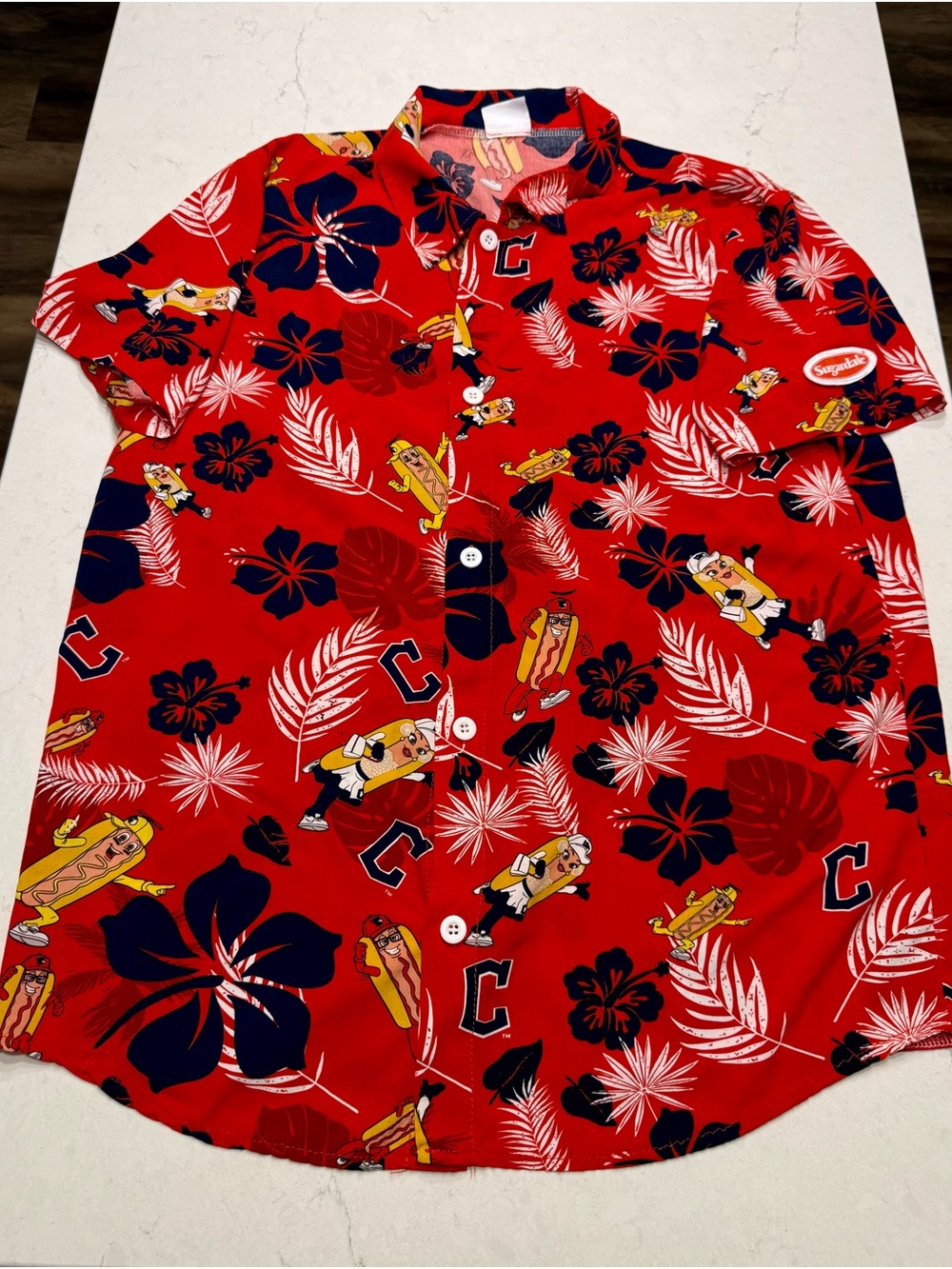 Cleveland Guardians Hawaiian Hot Dog Race Tropical Print Button-Up Shirt